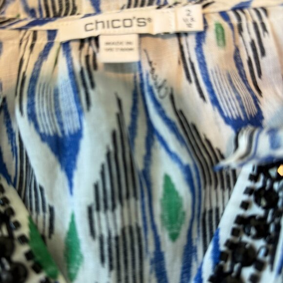 Chicos Womens Top Blouse runched sleeve White Blue Black Size 12 - Picture 3 of 7